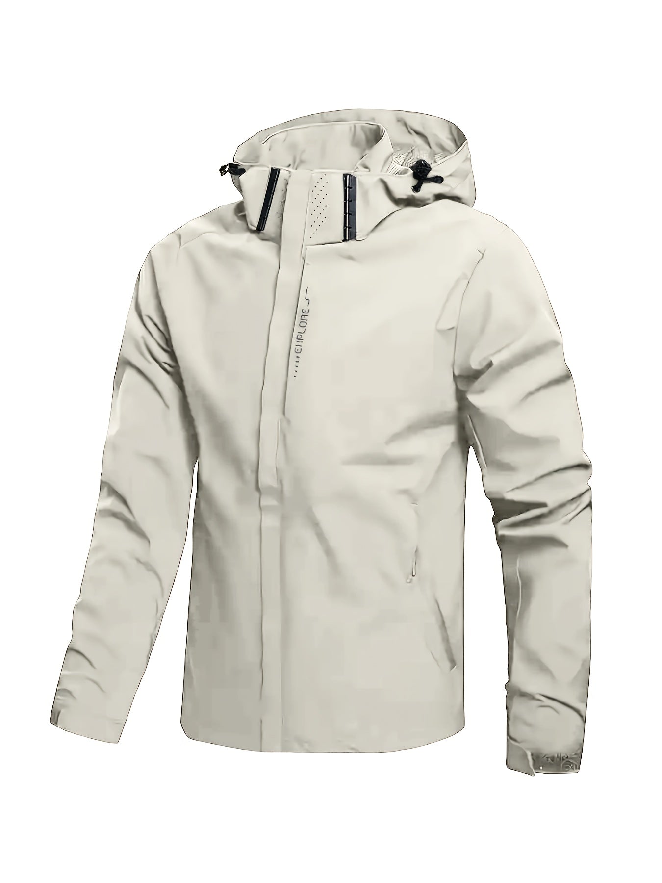 Men's Hooded Casual Windbreaker Jacket - 100% Polyester, Non-Stretch Woven Fabric, Long Sleeve, Regular Length, Alphabet Pattern, Zippered Pockets, Detachable Hood - All-Season Outdoor Lightweight Coat