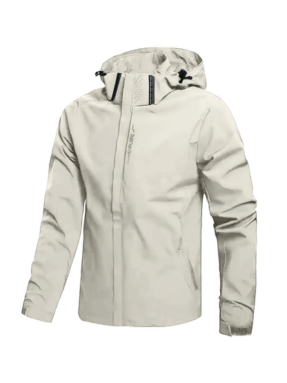 Men's Hooded Casual Windbreaker Jacket - 100% Polyester, Non-Stretch Woven Fabric, Long Sleeve, Regular Length, Alphabet Pattern, Zippered Pockets, Detachable Hood - All-Season Outdoor Lightweight Coat
