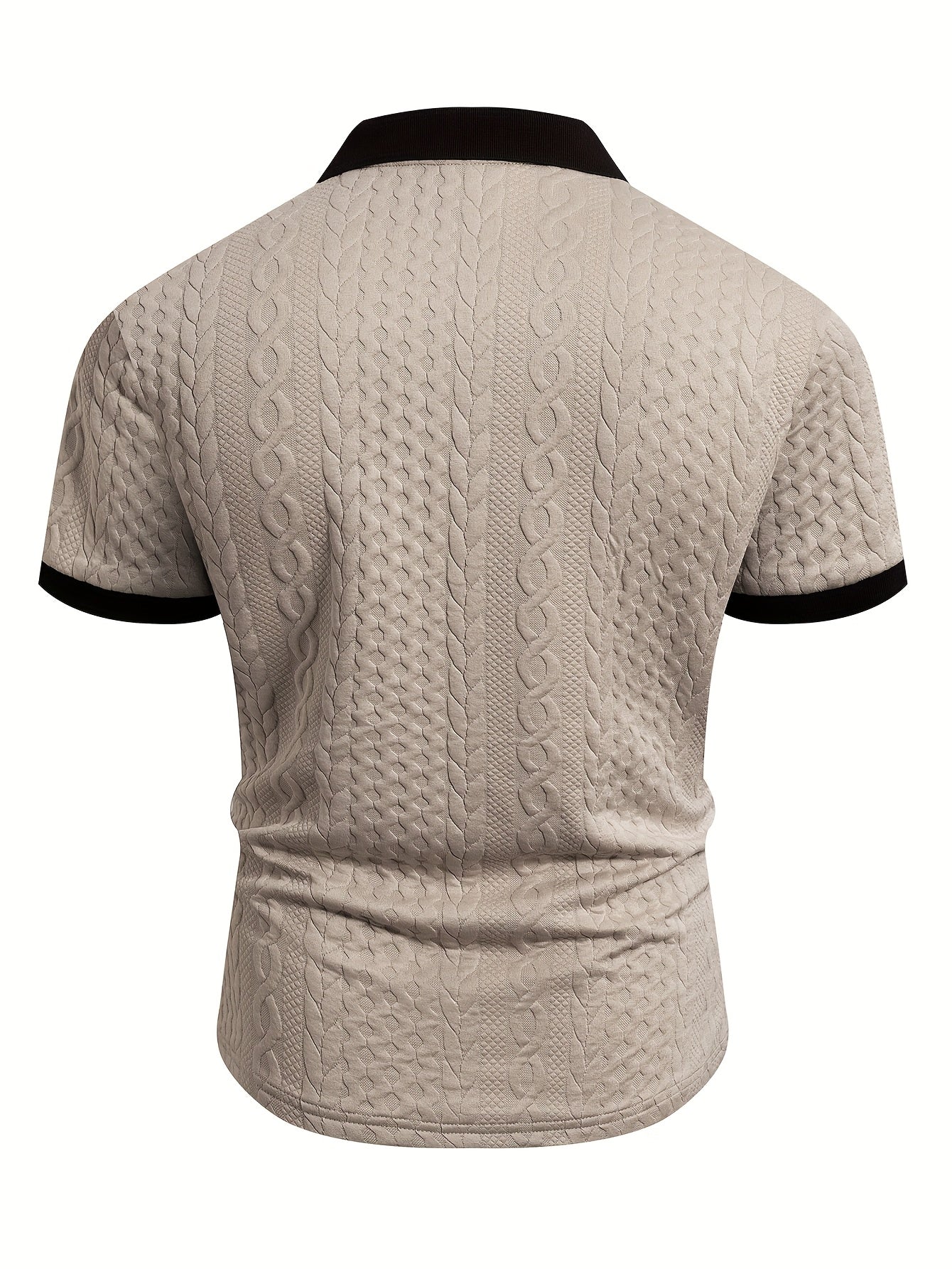 Summer Breathable Italian-style Color-blocked Light-mature Trendy Men's Shirt with V-neck, Slight Stretch, Jacquard Texture, Slim-fit Short Sleeves, Knitted - ayq