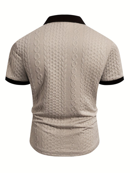 Summer Breathable Italian-style Color-blocked Light-mature Trendy Men's Shirt with V-neck, Slight Stretch, Jacquard Texture, Slim-fit Short Sleeves, Knitted - ayq