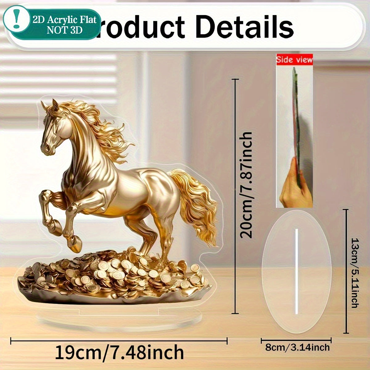 2D Flat, 1pc 2D Flat Acrylic Golden Horse Ornament - Elegant Desktop Decoration, Luxurious Golden Plating with Exquisite Mane Details and Coin Base, Suitable for Home, Office, Wedding, Christmas - Animal Theme Decor, No Assem