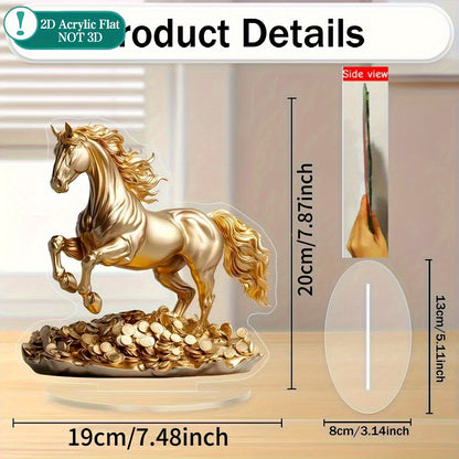 2D Flat, 1pc 2D Flat Acrylic Golden Horse Ornament - Elegant Desktop Decoration, Luxurious Golden Plating with Exquisite Mane Details and Coin Base, Suitable for Home, Office, Wedding, Christmas - Animal Theme Decor, No Assem
