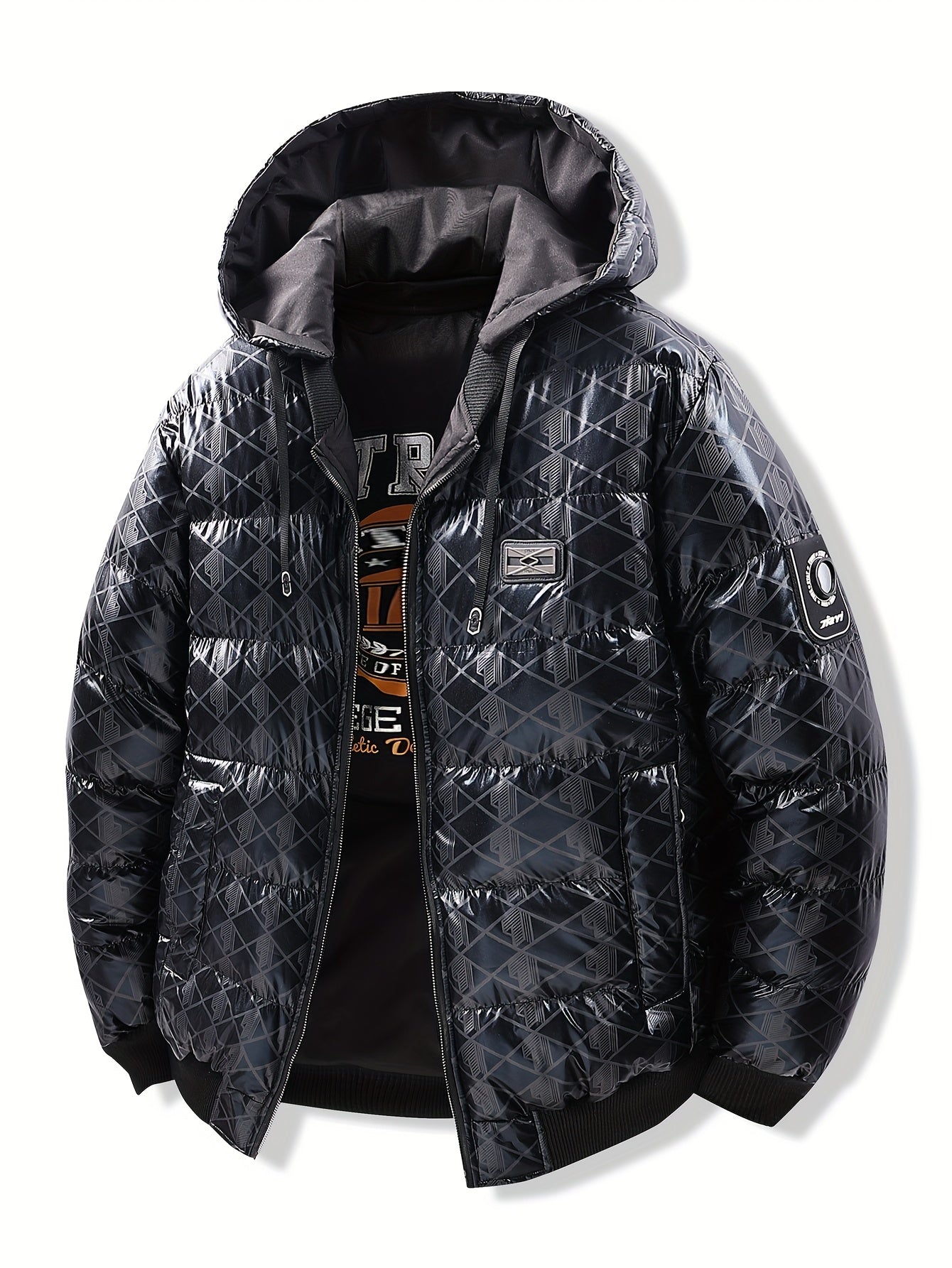 Men'S Stylish Hooded Winter Jacket - Thickened, Warm, and Trendy with Geometric Pattern, Black with Orange Accents, Polyester Filler, Perfect for Cold Weather, Winter Jacket Hooded