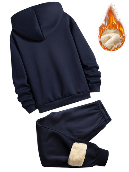 2 հատ տղաների համար նախատեսված բրդյա աստառով գլխարկով սվիտեր + առօրյա տաբատների հավաքածու, միագույն երկարաթև, կայծակաճարմանդով վերնաշապիկ՝ միջին ձգվողության տաք գործվածքից, աշուն/ձմեռ սեզոնի համար, իդեալական է