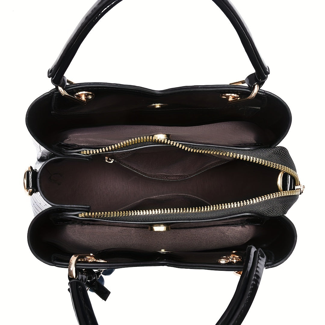 2022 Newest Trendy Women'S Faux Crocodile-Texture Handbag with Cherry Pendant - Stylish Black And Red Shoulder And Handbag, Zip Closure, Polyester Lining, Edge Paint Detail, Handbag|Chic Handbag|Zippered Bag