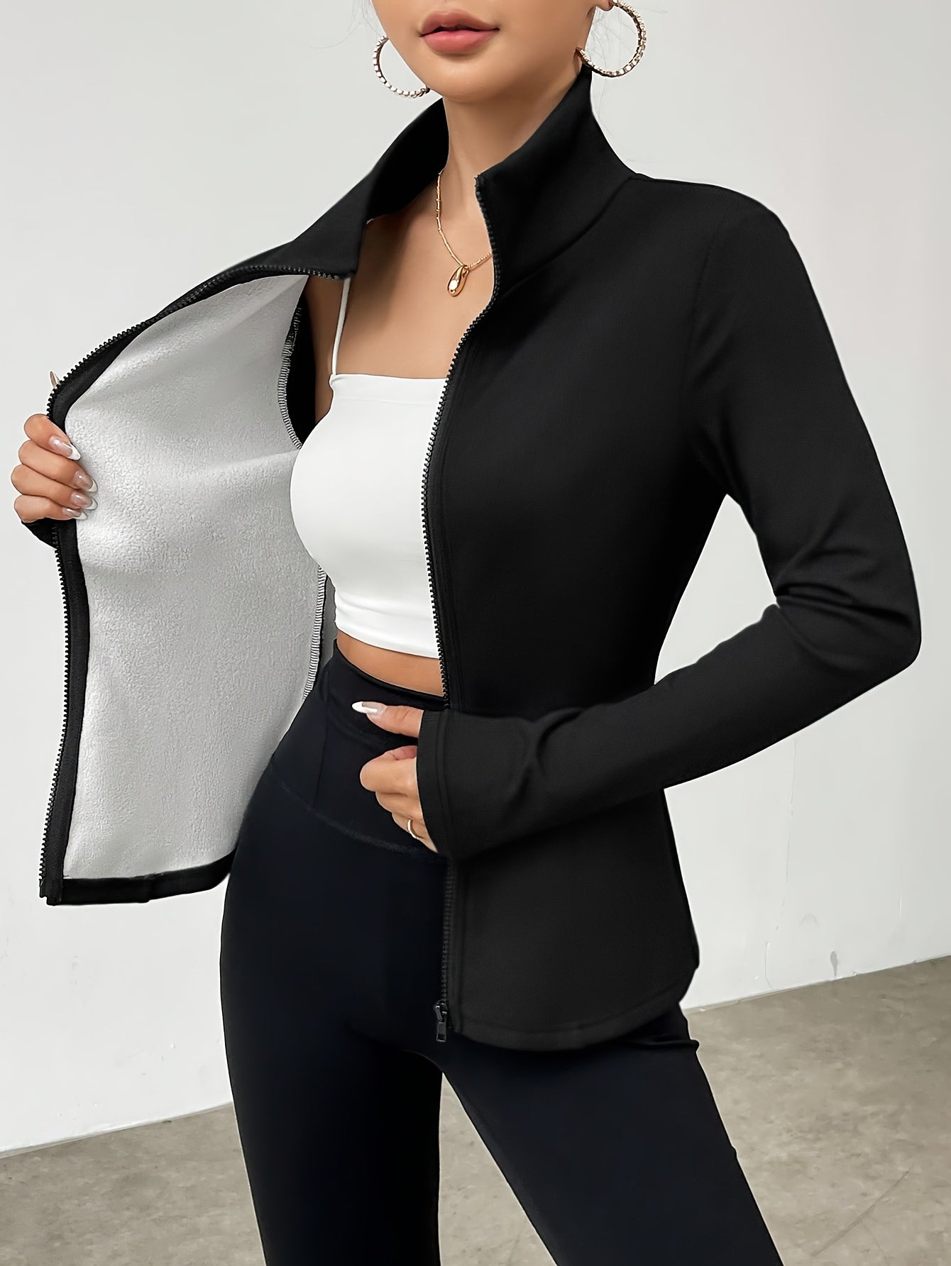 Women'S Fleece Jacket - Elegant Stand Collar Zip-Up with Front Pockets, Long Sleeve, All-Season Versatile for & Fitness, Black, Apparel | Sleek Black Jacket | Zippered Jacket