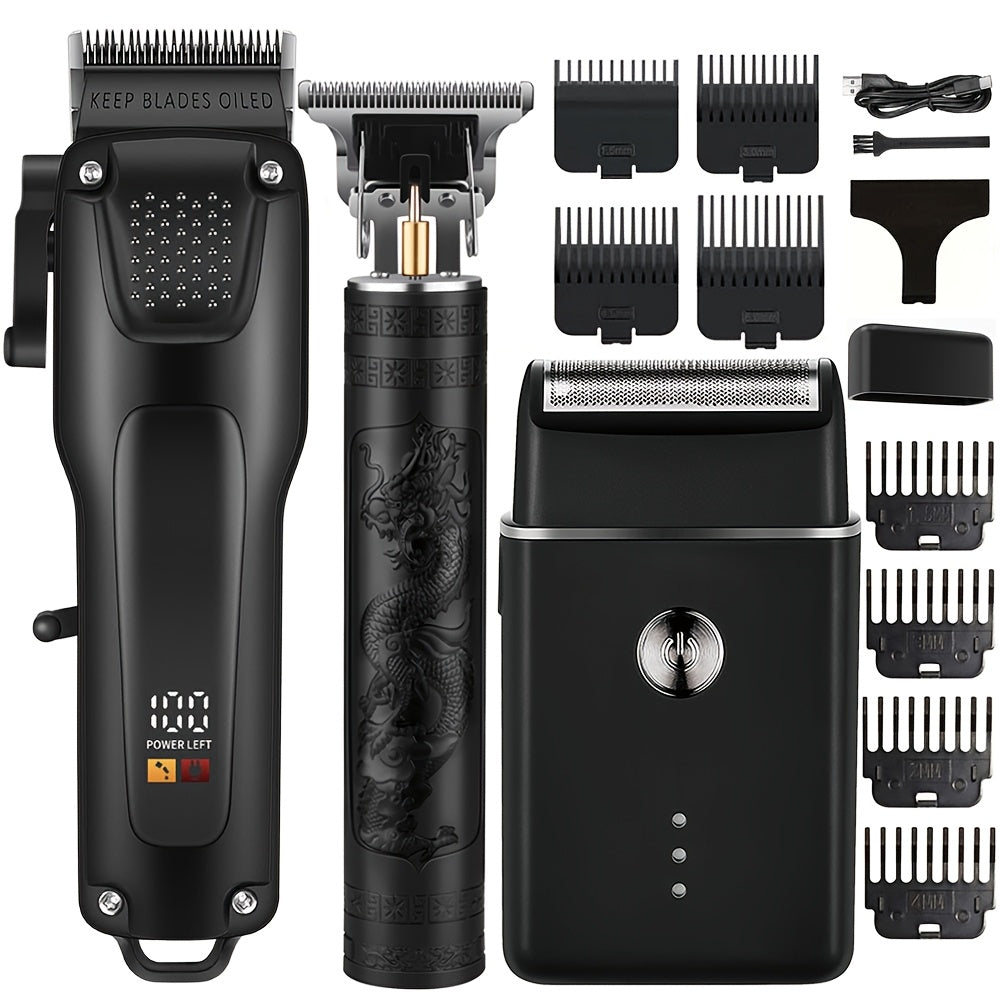3pcs Men'S Professional Hair & Beard Grooming Kit - Cordless Clippers with LED Display, Precision Trimmer Set, USB Rechargeable, for Home Use, Perfect Holiday Gift - ayq