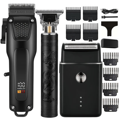 3pcs Men'S Professional Hair & Beard Grooming Kit - Cordless Clippers with LED Display, Precision Trimmer Set, USB Rechargeable, for Home Use, Perfect Holiday Gift - ayq