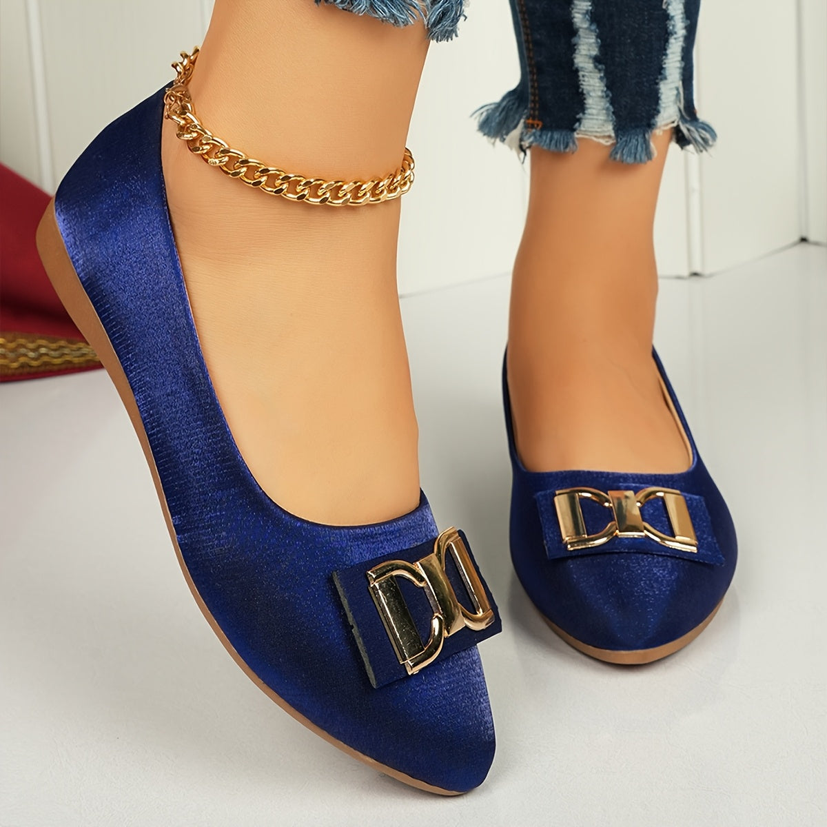 Women's Elegant Red Slip-On Flats with Golden Double Buckle Design - Comfortable Faux Cover Shoes for All Seasons, Pointed Toe Rubber Sole, Perfect for Casual or Dressy Occasions, Dressy Flats   Buckle Embellished Shoes   Lux