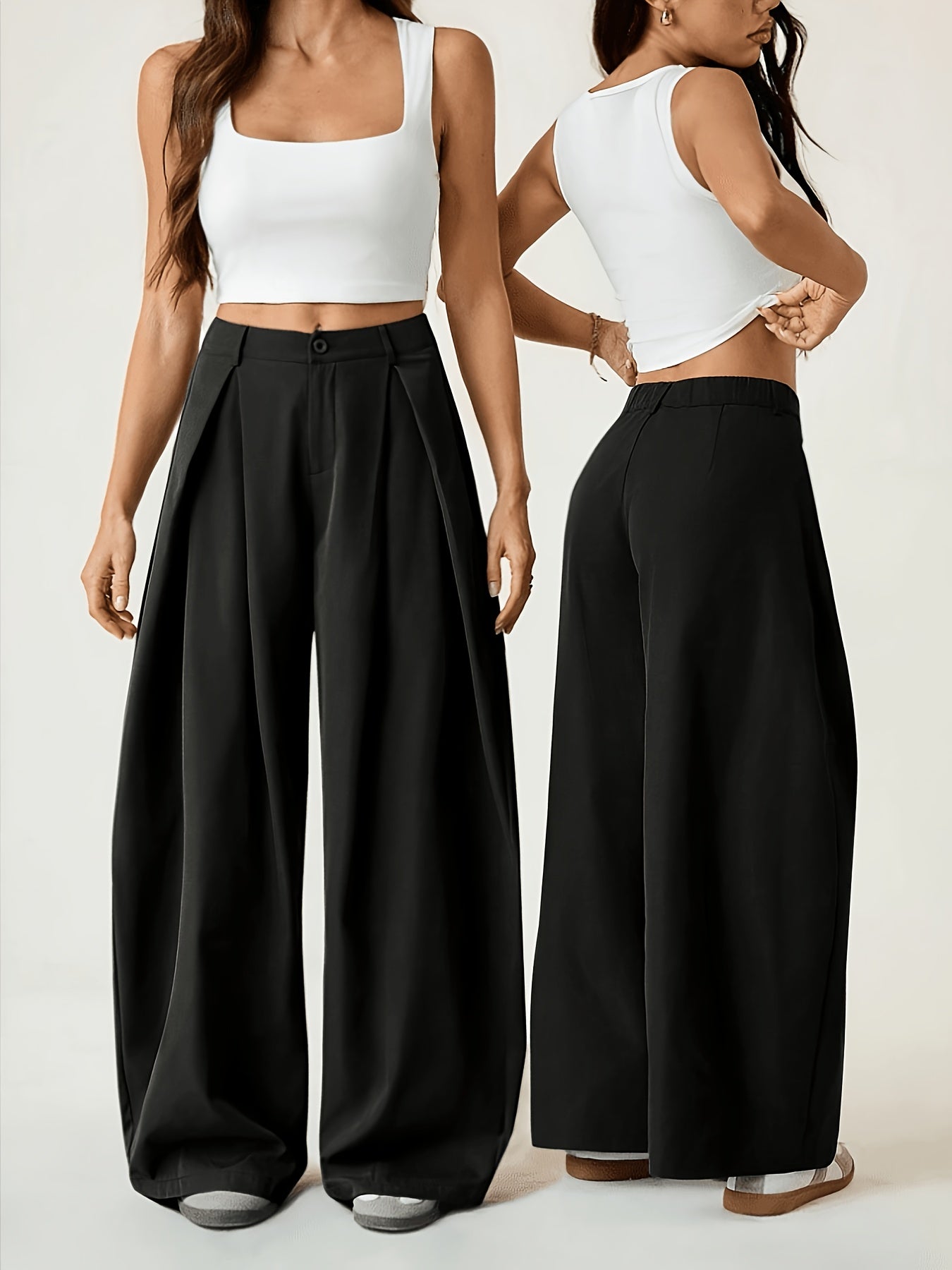 Elegant Wide-Leg Trousers with Curved Hem and Smock Detail