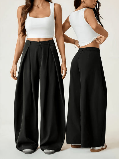 Elegant Wide-Leg Trousers with Curved Hem and Smock Detail