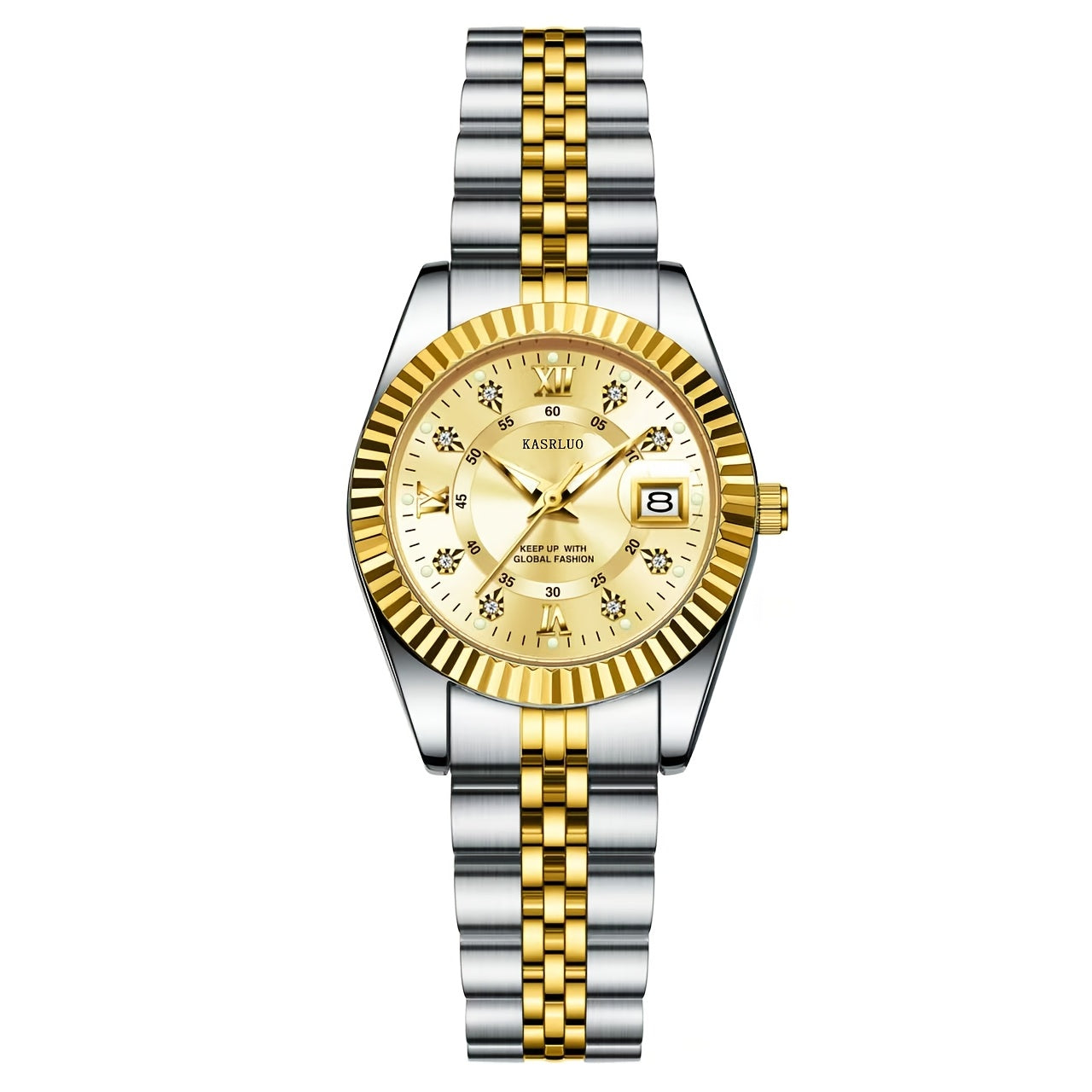 KASRLUO Elegant Women's Quartz Watch - Luminous Date, Stainless Steel Band, Precise Movement with Moon Phase Calendar, Timepiece