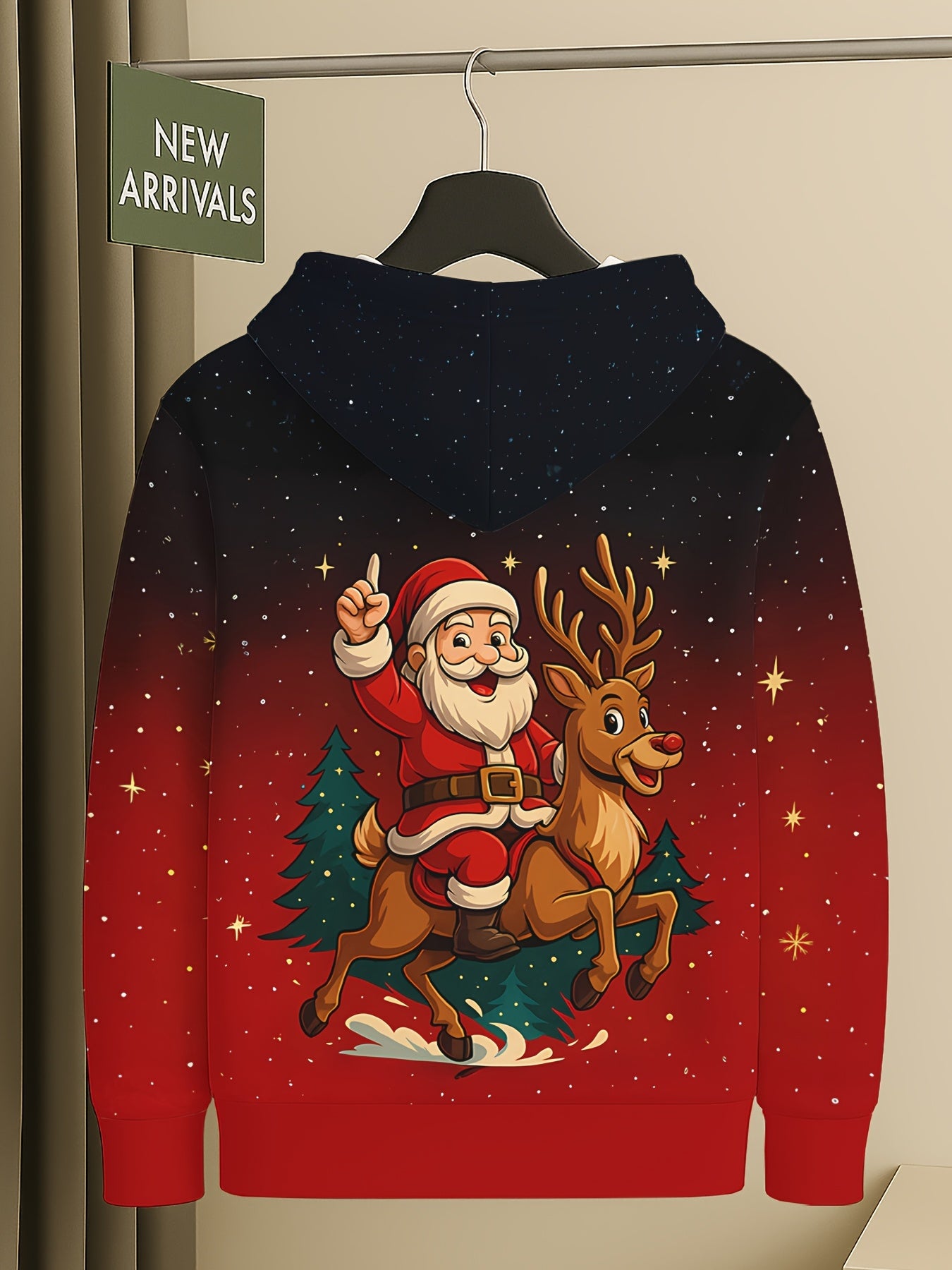 Boys' 3D Digital Print Santa & Reindeer Christmas Hooded Sweatshirt - Red & Black Gradient Festive Pullover with Glowing Eyes, Soft Stretch Fabric, Machine Washable, Long Sleeve Party Outfit for School Events, Family Photos &