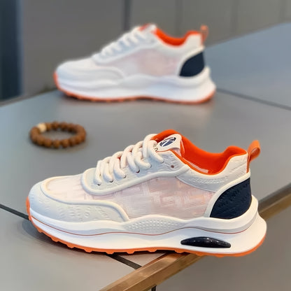 Men's Lightweight Breathable Low-Top Sneakers - PU Upper  PVC Sole, White/Navy/Red Accents, Lace-Up Round Toe for Casual, Outdoor, Running  Gym - All-Season Comfort Shoes, Casual Footwear, Geometric Pattern, Comfortable Fit