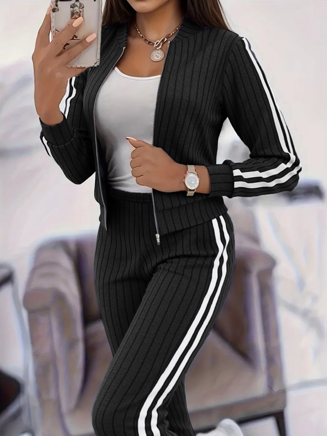 Women'S Stylish Casual Zip-Up Round Neck Ribbed Cardigan with Loose Straight Pants, a Two-Piece Casual Outfit - ayq