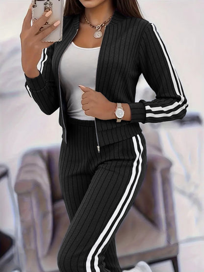 Women'S Stylish Casual Zip-Up Round Neck Ribbed Cardigan with Loose Straight Pants, a Two-Piece Casual Outfit - ayq