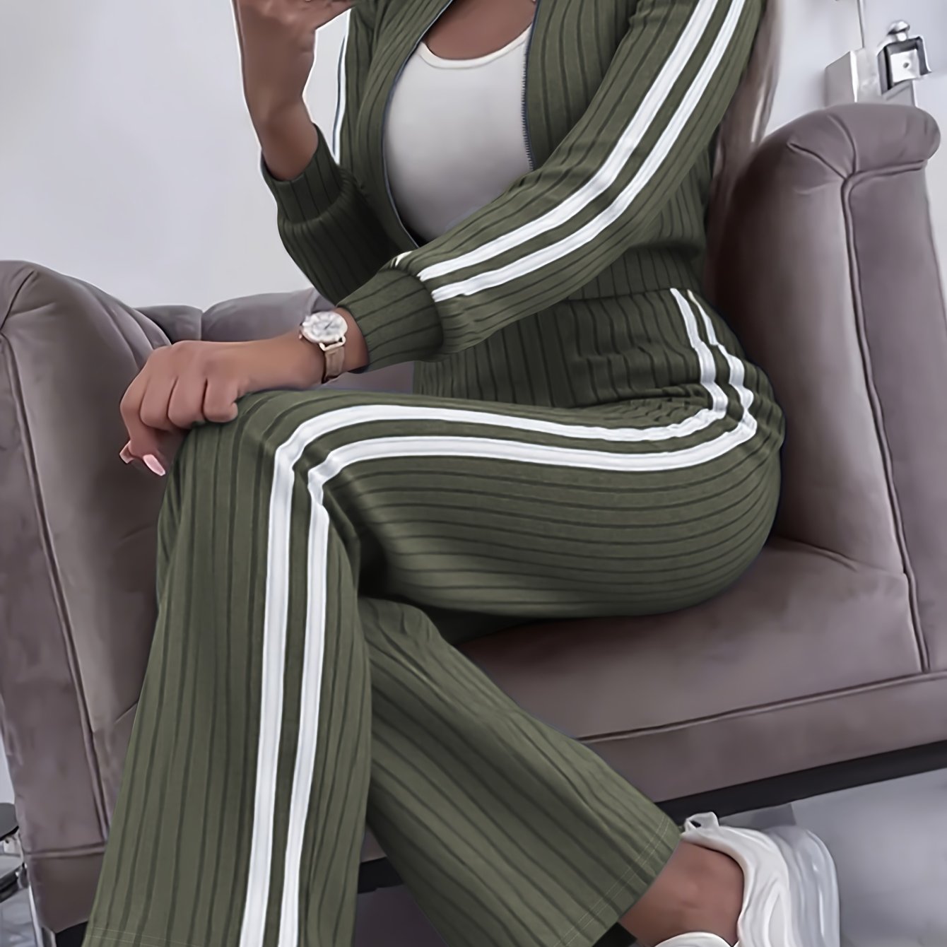 Women'S Stylish Casual Zip-Up Round Neck Ribbed Cardigan with Loose Straight Pants, a Two-Piece Casual Outfit - ayq