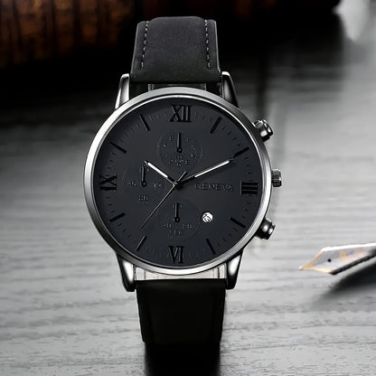 1pc Geneva Vintage Men'S Quartz Watch, Round Alloy Case, Analog Display, with Date Feature, PU Leather Strap, Battery Powered (Button Battery), for Valentine's, Easter, Ramadan, Birthday, Christmas Gifts