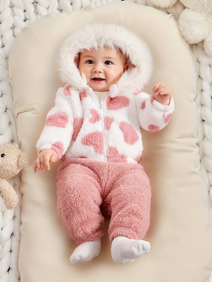 A Set of Warm Clothes for Baby Girls, Warm Hooded Fleece Jacket, Cardigan Top + Elastic Waist Warm Pants, Autumn And Winter Style, Cute Cold-Proof Jacket for Girls, Fur Zipper Outerwear, Outdoor Clothing Set, Newborn Children