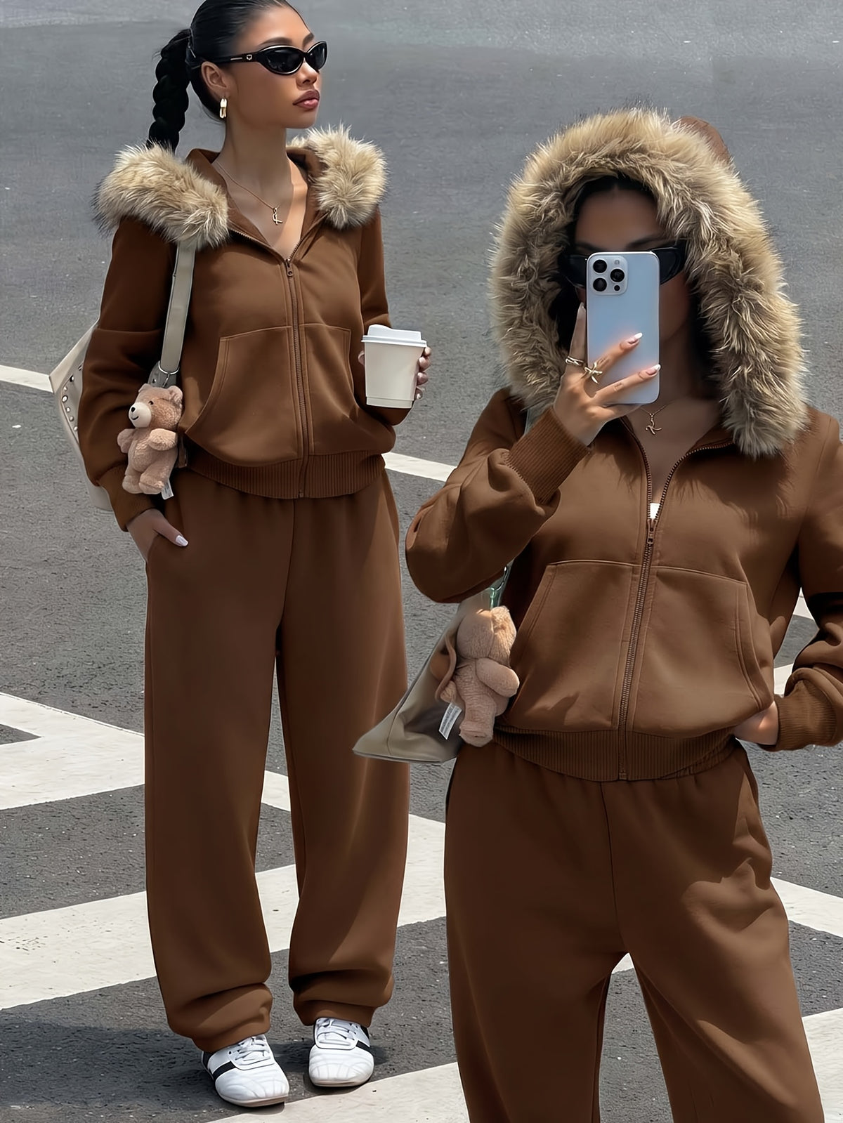 Women's Casual Polyester Hoodie & Wide-Leg Pants Set - ayq