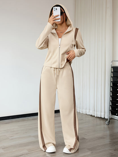 Women'S Elegant Two-Piece Set Featuring a Spring Long-Sleeve Zip-Up Top And Straight-Leg Pants, with a Stylish Color-Blocked Design And a Hooded Drawstring