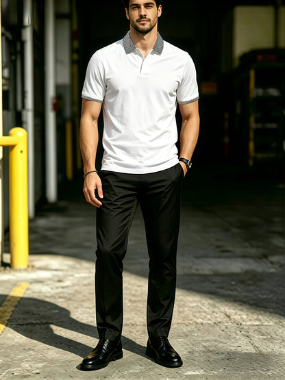Men's Summer Plaid Collar Polo & Black Pants Casual Set