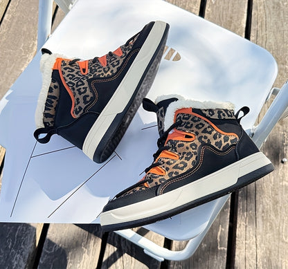 Women'S Stylish Leopard Print Winter Sneakers - Warm Fleece-Lined Casual Shoes with Thick PVC Sole, Black & Orange Design, Perfect for Fall/Winter Outdoor Activities, Winter Sneakers | Leopard Print Shoes | Durable PVC Sole