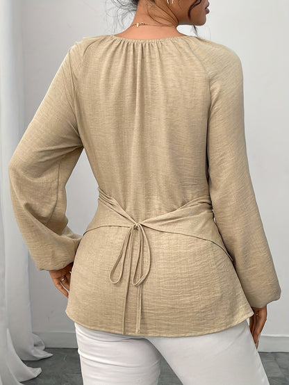 Women'S Elegant Beaded Wrap Shirt - Long Sleeve Round Neck Blouse with Beaded Embellishment, Solid Burgundy/Red/Pink/ - Casual to Formal