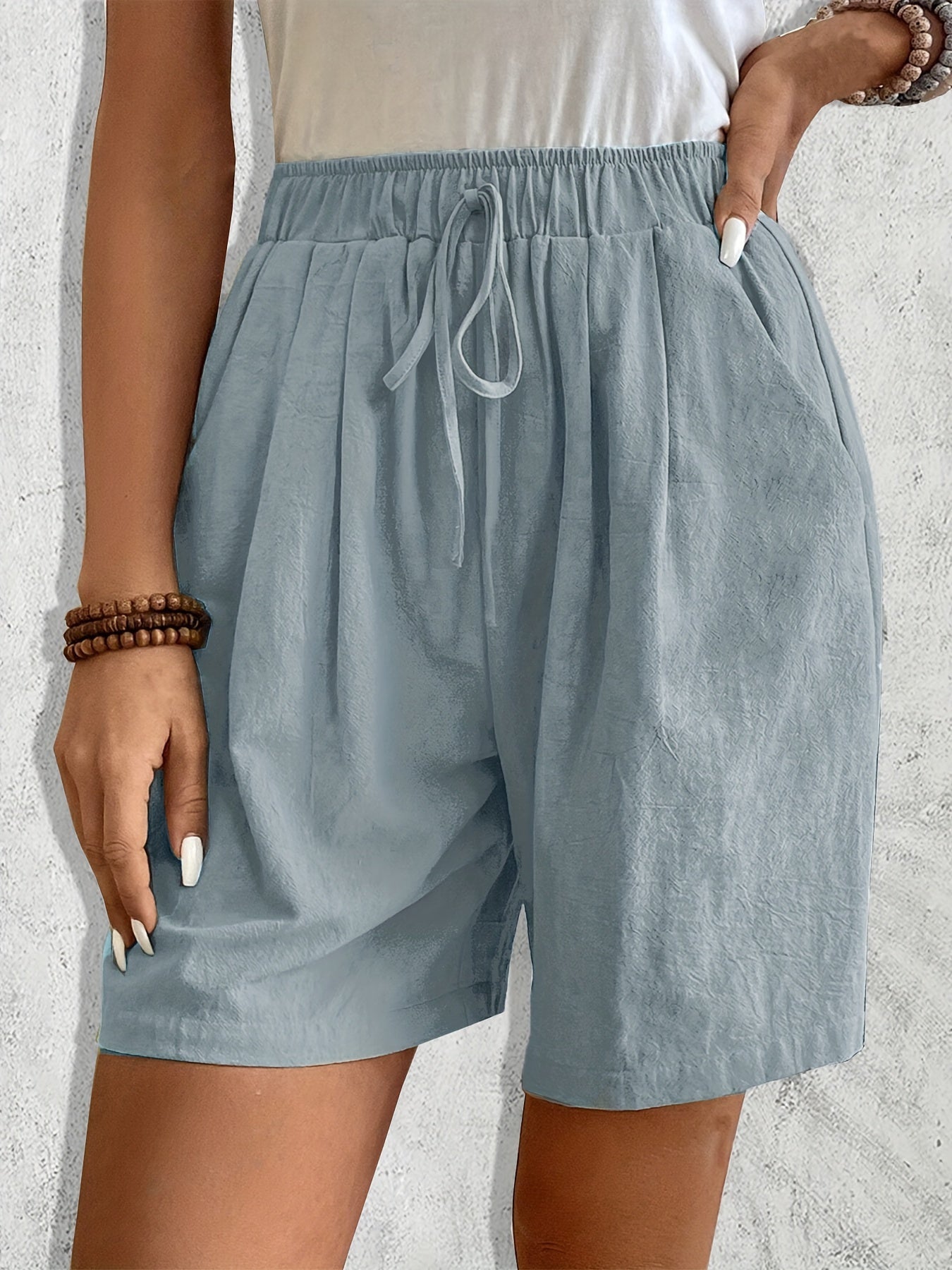 Women'S Casual Blend Shorts, Solid Color, Regular Fit, Non-Stretch Woven Fabric, with Faux Drawstring Detail, for Spring/Summer/Fall - Daily & Vacation Style