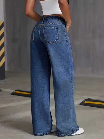 Women'S Plus Size High-Waisted Denim Jeans, Street Style Solid Color, Medium Stretch Washed Fabric, All-Season Oversized Casual Pants with Zipper Fly Closure, 59.8%, 38.4% Polyester, 1.8% Elastane, 264g/m²