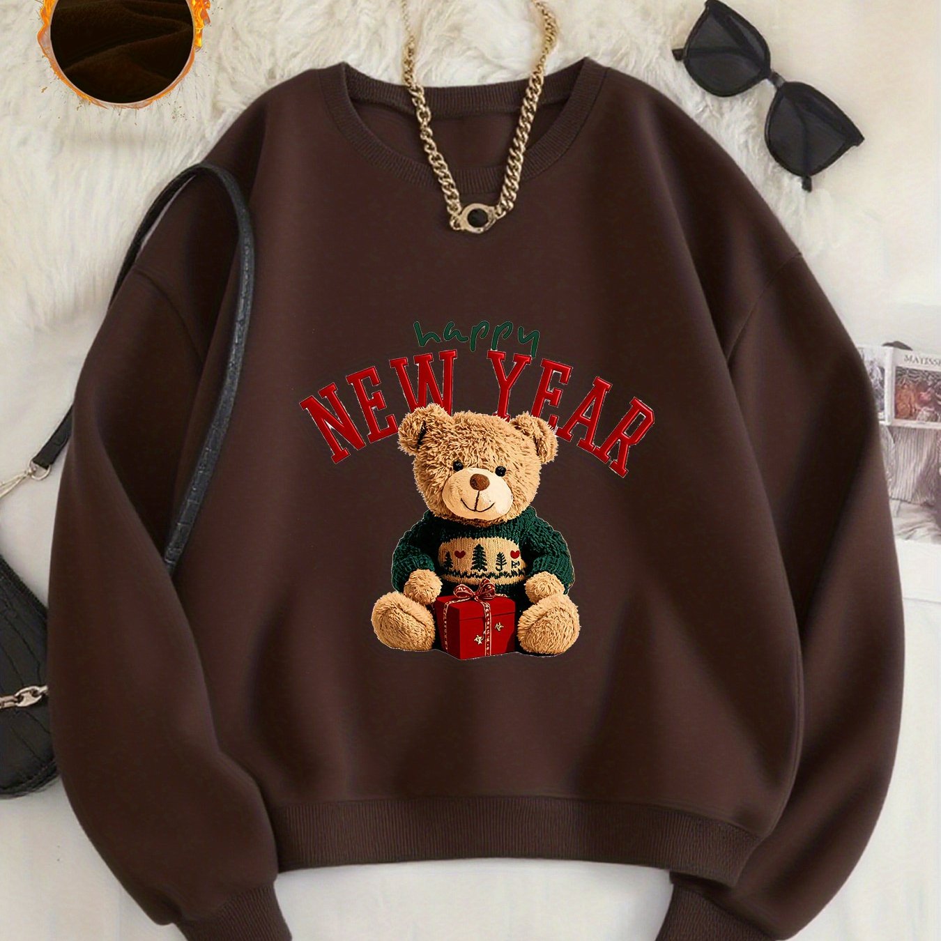 -Lined Women's Crewneck Pullover, Casual Printed Versatile Sweatshirt, Multiple Colors Available