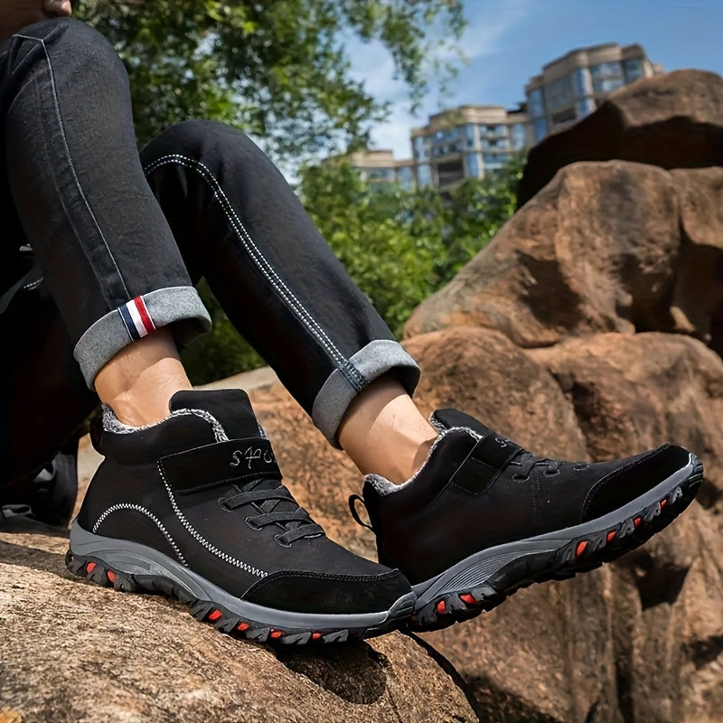 Durable Anti-Slip Men's Winter Snow Boots - Fleece-Lined Hiking Ankle Boots with Hook-and-loop Fastener Closure and Rubber Sole for Outdoor Adventures, Black