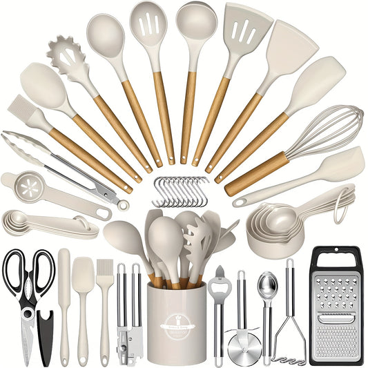 44pcs Set of Wooden Handle Silicone Non-stick Cookware Wooden Handle Cooking Spatula Spoon Stainless Steel Grater Bottle Opener Kitchen Cooking Tool Set