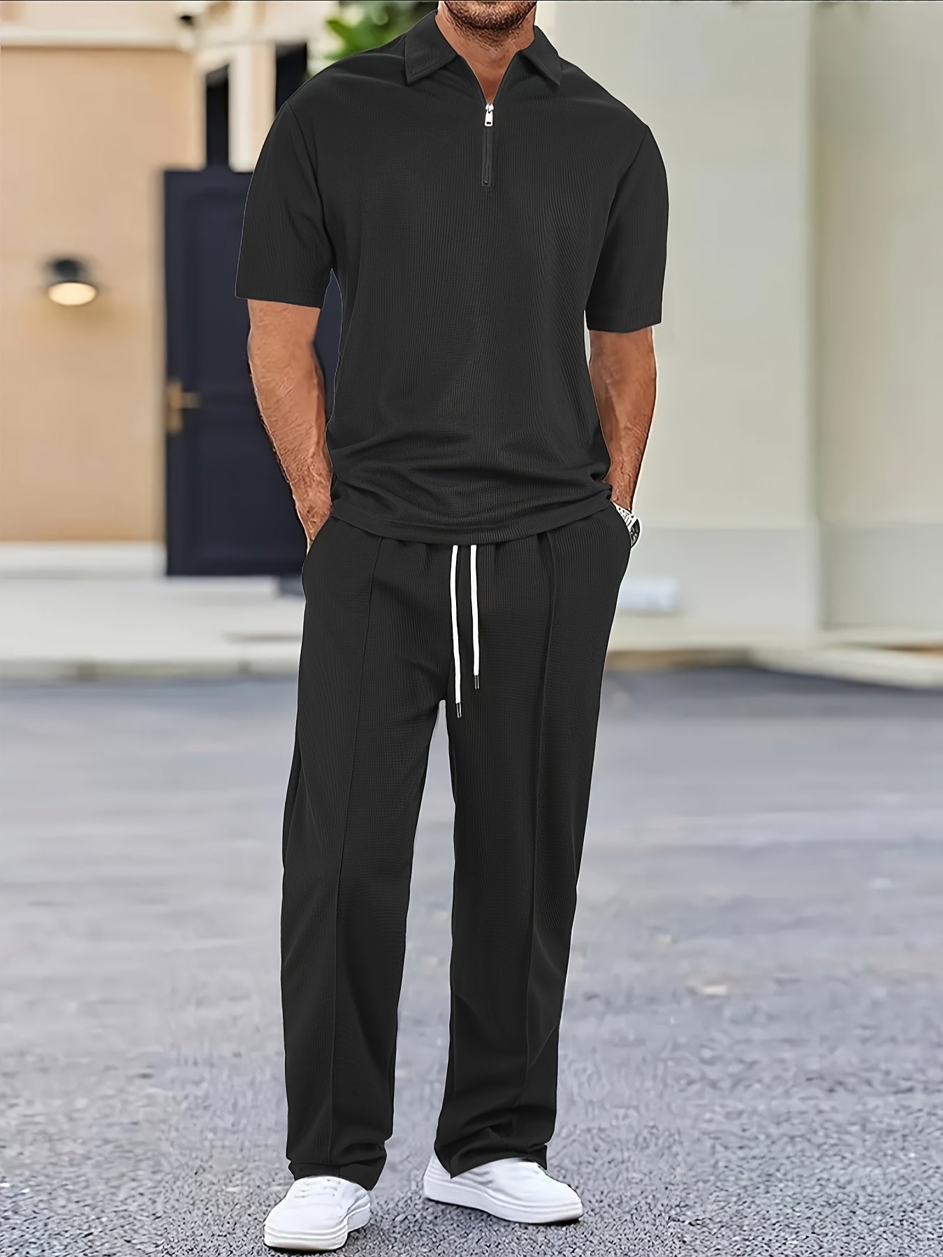 Men's 2pcs Waffle Knit Casual Outfit: Zip-Up Short Sleeve Collared Shirt & Drawstring Pants - Black, Polyester Blend, Ideal for Casual Attire in Spring/Summer