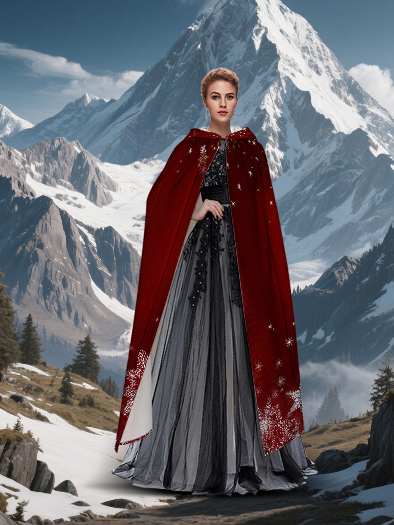 1pc Red & White Snowflake Cape with Hood - Long Flowing Winter Costume for s &, Christmas Party Costume, New Year's Eve Outfit, Themed Events - Machine Washable 100% Polyester Coat (Star Pattern Back), 2D Flat