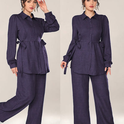 Stylish and Elegant Casual Two-Piece Women's Outfit with Side Tie Single-Breasted Shirt and Wide-Leg Pants for Office Wear