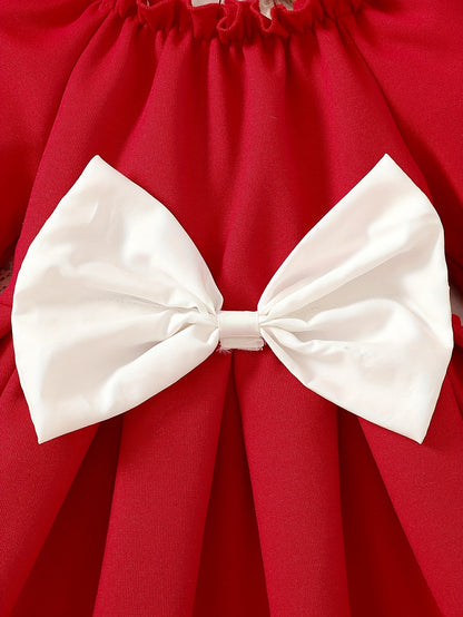 Աղջկա երկար թևքերով երեկույթի զգեստ - ձմեռային, պաշտոնական և ամենօրյա հագուստ, լվացքի մեքենայով լվացվող փոքրիկի և աղջիկների հագուստ՝ առջևի ժապավենի շեշտադրմամբ - հարուստ կարմիր ծննդյան, Սուրբ Ծննդյան, լուսանկարահանման զգեստ