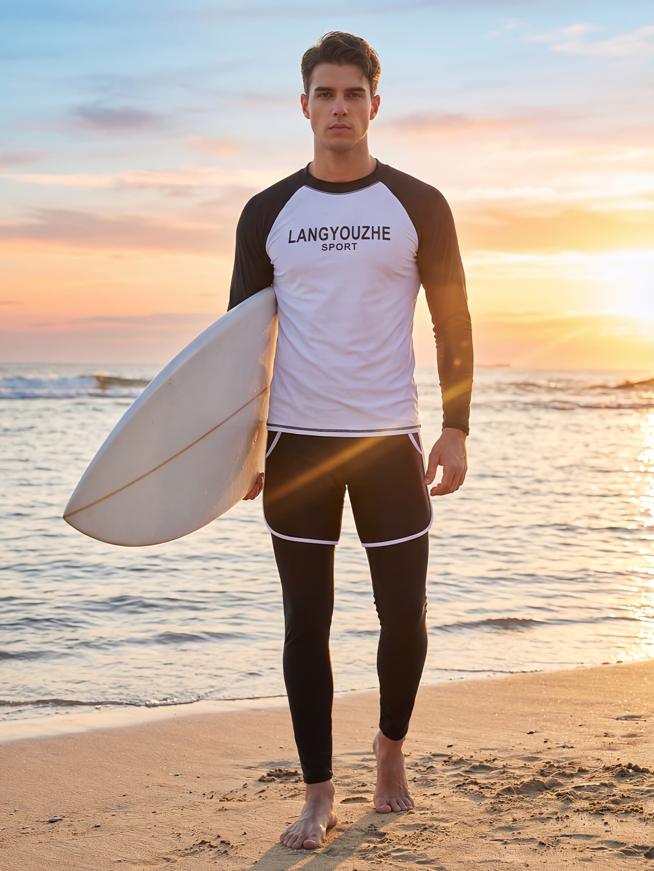 Men's Modest Long Sleeve Sunscreen Swimwear Set with Pants