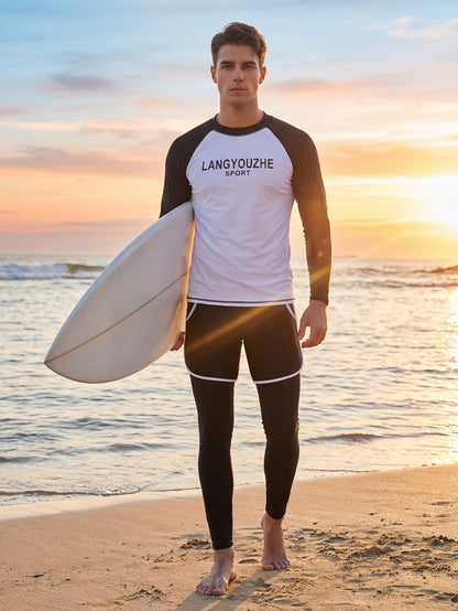 Men's Modest Long Sleeve Sunscreen Swimwear Set with Pants
