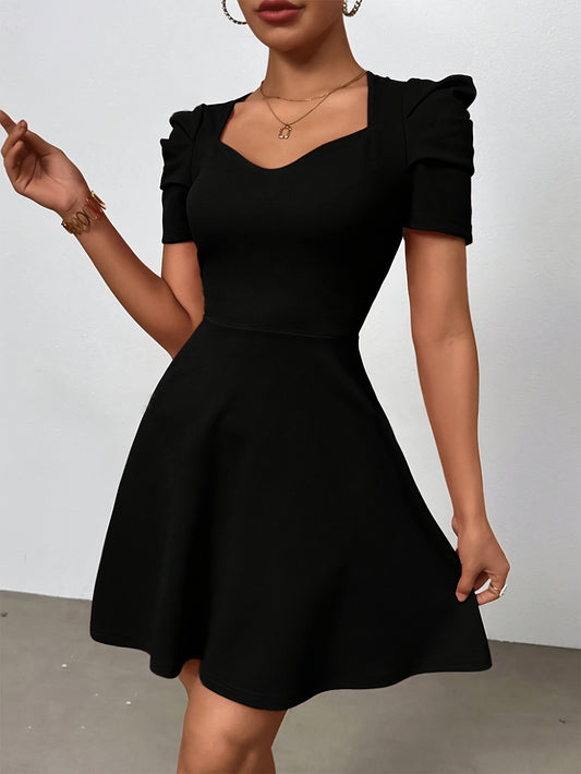 Elegant Heart Neck A-line Dress, Polyester Elastane Blend, Solid Color, All Season, Women'S Clothing