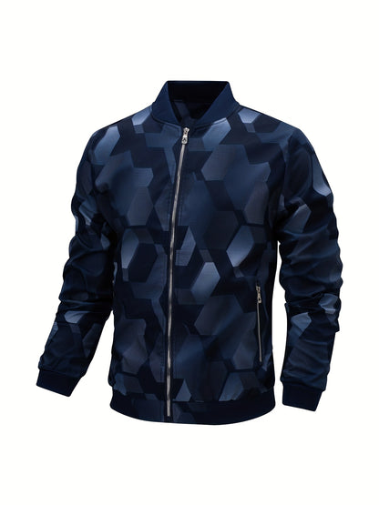 Men'S Camo Baseball Jacket - Full-Body Print Outdoor Sports Coat with Zipper Closure, Regular Fit Casual Preppy Style, Polyester Lining & Non-Stretch Fabric for Spring & Year-Round Wear, Durable Fabric Coat, Active Lifestyle,