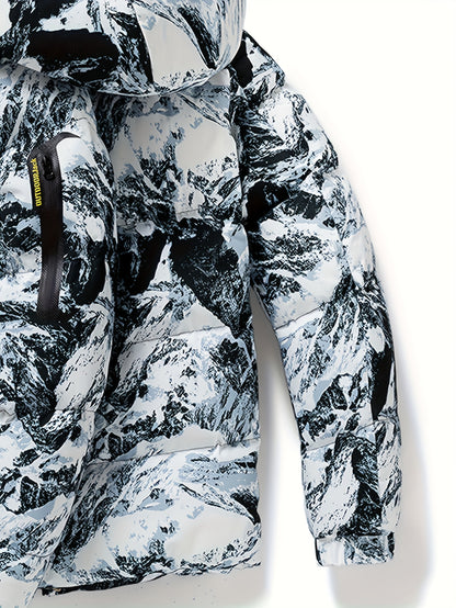 Men's Heavy-Duty Winter Thermal Hooded Jacket - Full-Zip Windproof Coat with Detachable Hood, Full-Zip Front Closure, Zipper Pockets - Machine Washable Cold Weather Jacket for Skiing, Snowboarding, Outdoor Activities - Camouf