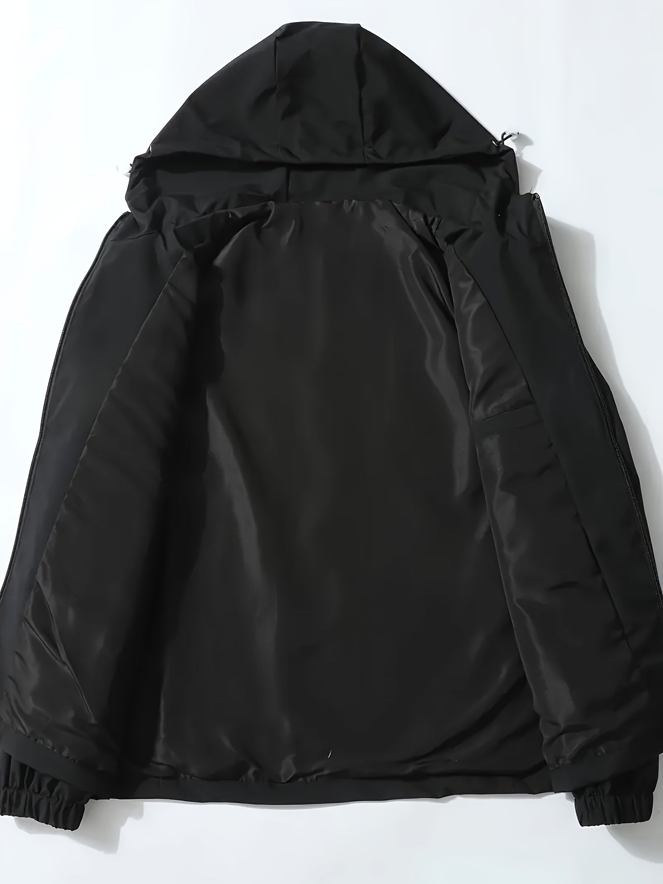 Men's Casual Windproof Hooded Jacket with Embroidery Detail, Long Sleeve Zip-Up Polyester Coat for Spring and Autumn