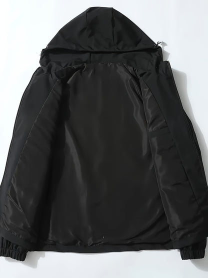 Men's Casual Windproof Hooded Jacket with Embroidery Detail, Long Sleeve Zip-Up Polyester Coat for Spring and Autumn