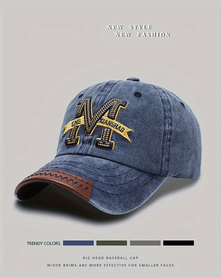 Spring And Autumn Retro Washed Denim Duckbill Cap, Fashionable Outdoor Sun Baseball Hat, With Old Letter M Embroidery, For Men Women