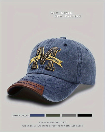 Spring And Autumn Retro Washed Denim Duckbill Cap, Fashionable Outdoor Sun Baseball Hat, With Old Letter M Embroidery, For Men Women