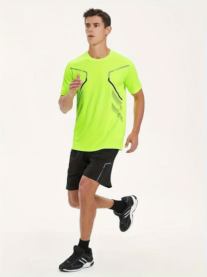 2pcs Men's Summer Sportswear Set - Comfortable Polyester Crew Neck T-Shirt & Black Drawstring Shorts with Side Stripe, Casual Style, Easy Care, Athletic Shorts