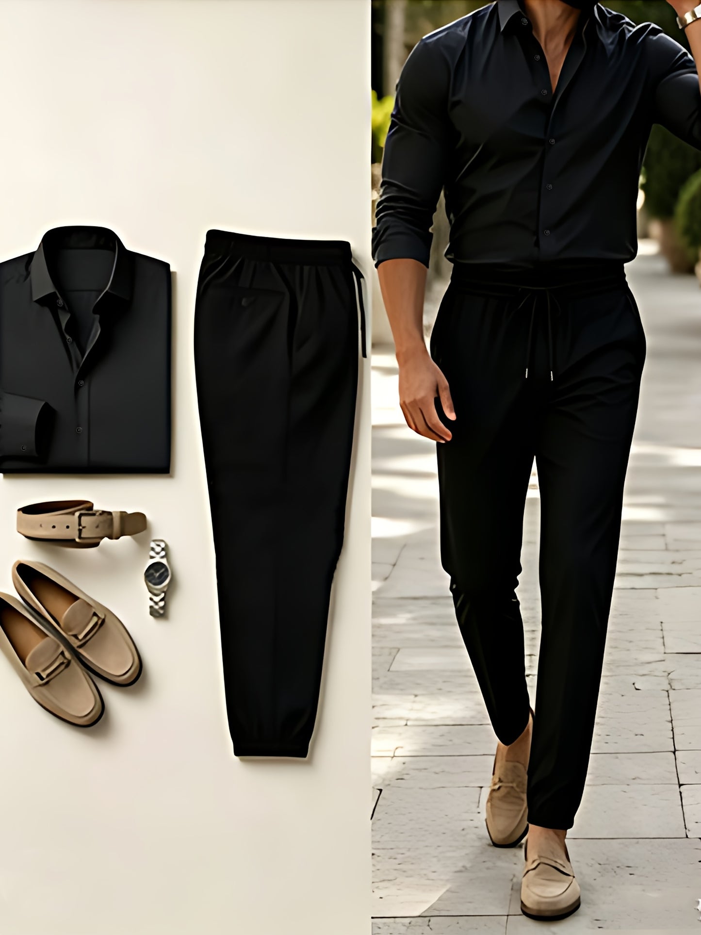 Men's Slim Fit 2-Piece Suit Set Long Sleeve Shirt & Tapered Pants