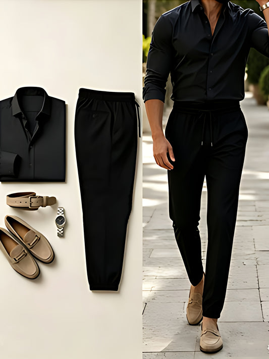 Men's Slim Fit 2-Piece Suit Set Long Sleeve Shirt & Tapered Pants