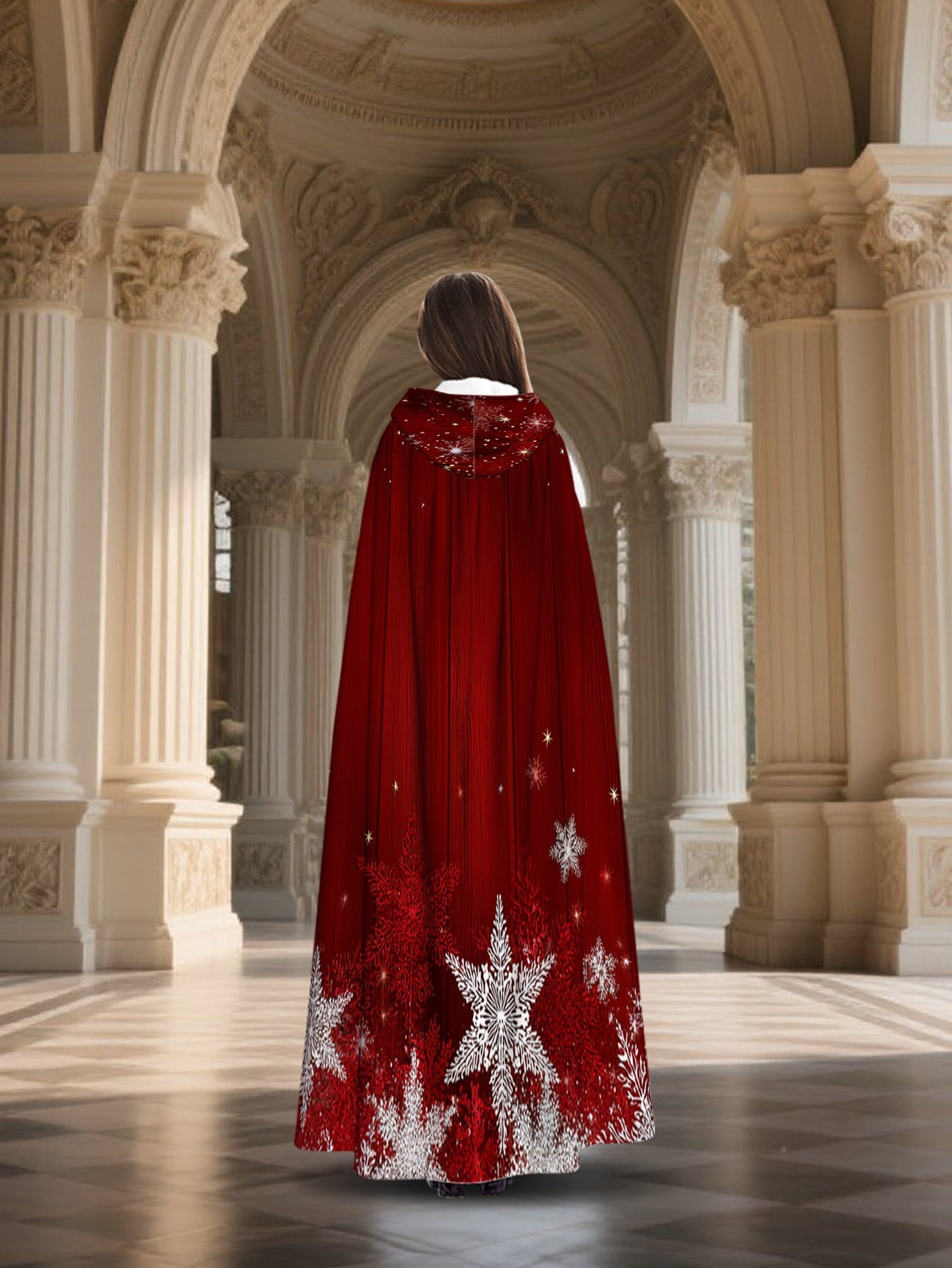 1pc Red & White Snowflake Cape with Hood - Long Flowing Winter Costume for s &, Christmas Party Costume, New Year's Eve Outfit, Themed Events - Machine Washable 100% Polyester Coat (Star Pattern Back), 2D Flat